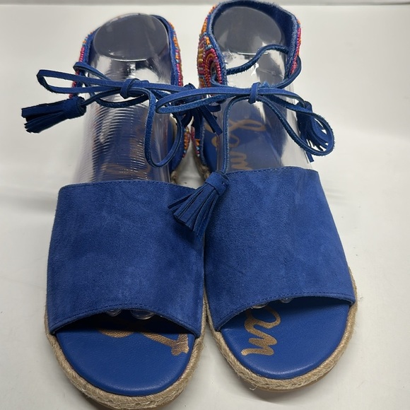 Sam Edelman Shae Sandals Suede Tasseled Ankle Wrap Beaded Flat Shoes Blue Size 8 - Picture 5 of 10